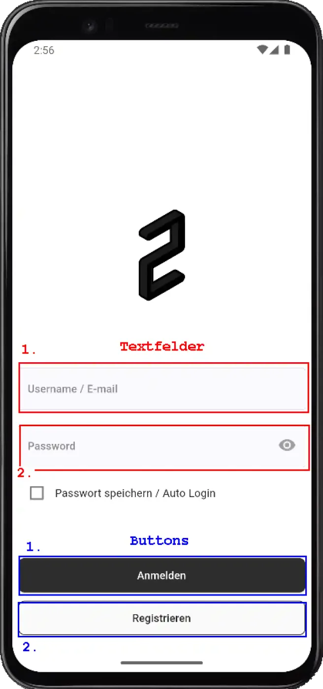 Login-Screen einer App: markiert sind die beiden Textfelder für E-Mail und Passwort sowie die Buttons zum Anmelden und Registrieren.