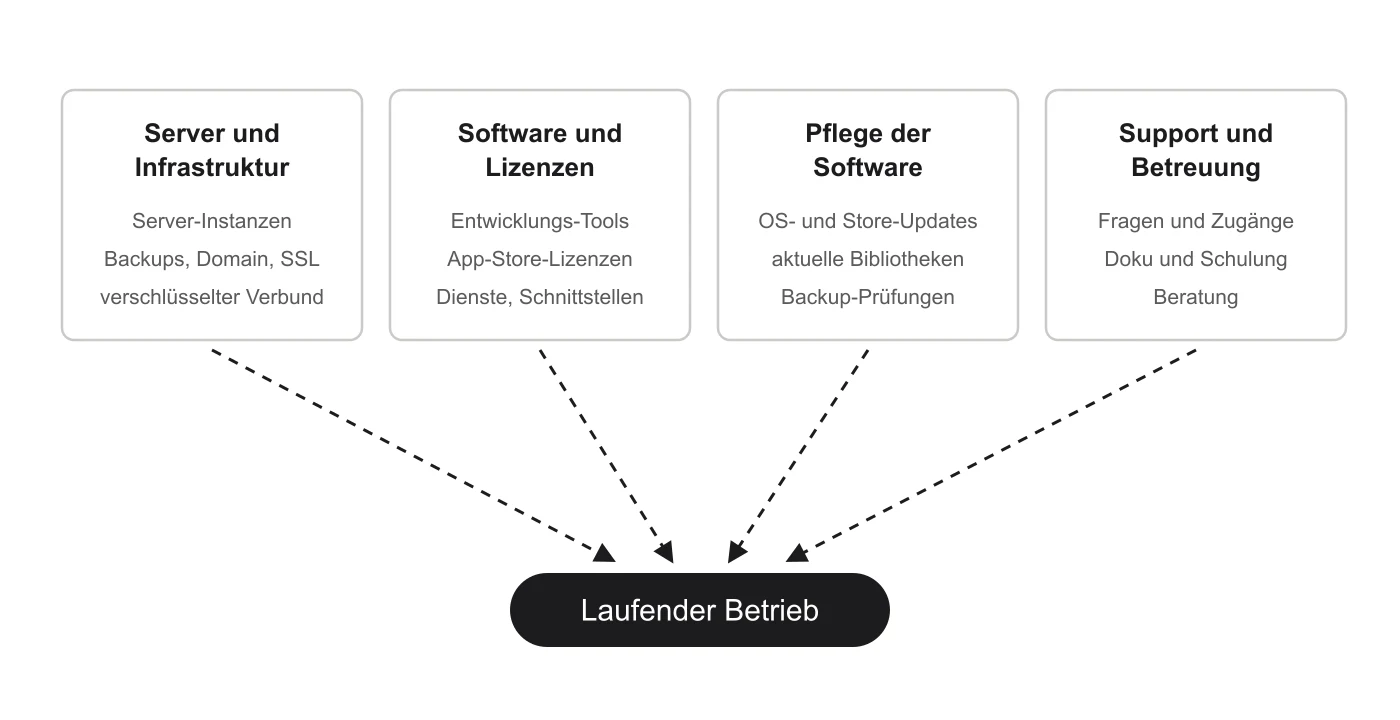 Vier Kostenblöcke des laufenden Betriebs: Server und Infrastruktur, Software und Lizenzen, Pflege der Software, Support und Betreuung.