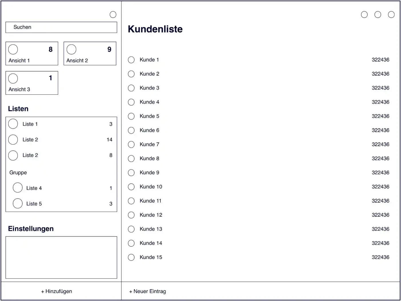 Farbloses Wireframe eines App-Bildschirms mit Platzhaltern für Navigation, Inhaltsbereiche und Beschriftungen.
