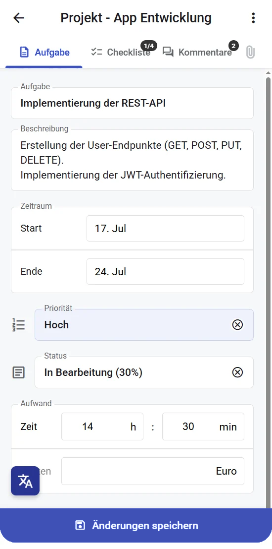 App-Ansicht der Aufgaben-Detailmaske: Aufgabe mit Beschreibung, Zeitraum, Priorität, Status und Aufwand sowie der Schaltfläche „Änderungen speichern“.