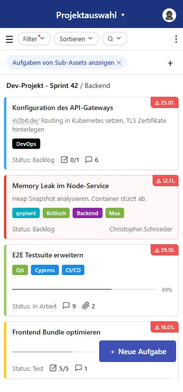 App-Ansicht der Aufgabenliste: Aufgaben eines Projekts mit Status, Fälligkeiten, Kategorien und Fortschritt.