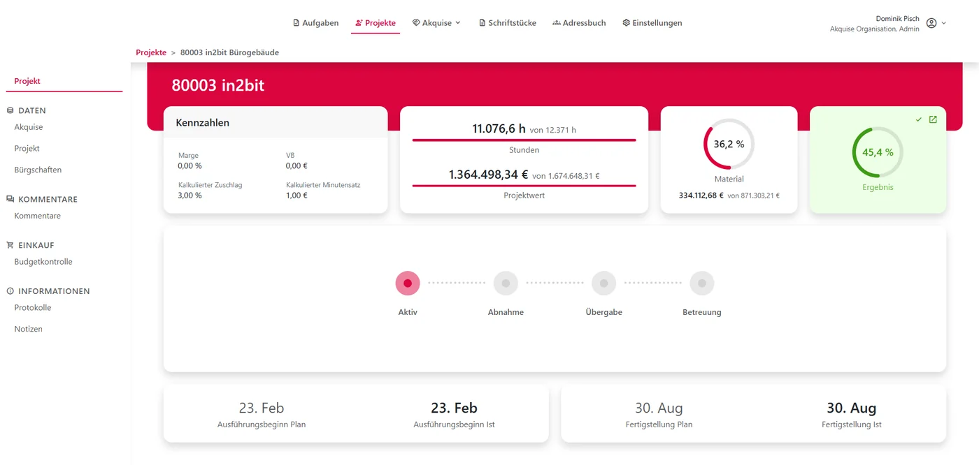 PC-Dashboard: Detailansicht eines Bauvorhabens mit Kennzahlen zu Stunden, Projektwert und Material, dem Ergebnis-Anteil und der Statuskette von Aktiv über Abnahme und Übergabe bis Betreuung.