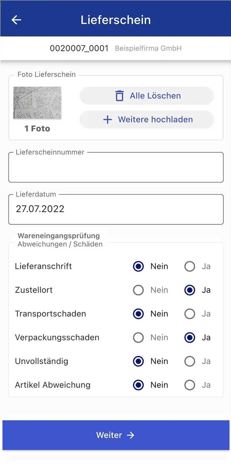 App-Ansicht: Foto des Lieferscheins mit Wareneingangsprüfung — Transportschaden, Verpackungsschaden und Unvollständigkeit werden direkt bei der Annahme erfasst.