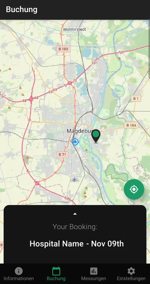 Buchungs-Ansicht der Patienten-App: Karte mit Standort-Pin, darunter die Buchungs-Karte mit Termin.