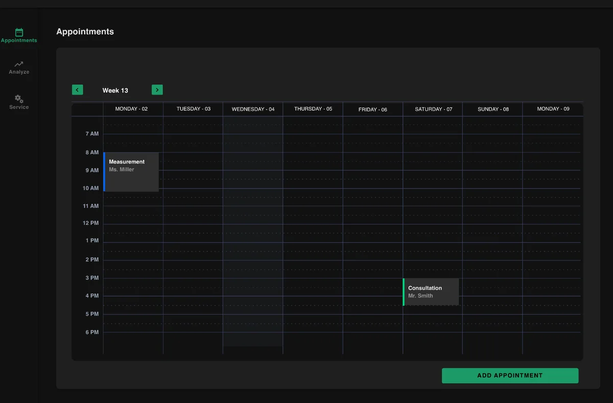 Dashboard mit Wochenkalender: gebuchte Termine (eine Messung, eine Beratung) und die Terminverwaltung fürs Personal.