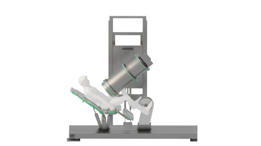 3D-Ansicht des Messgeräts: Liege mit Patient vor dem Messzylinder, in abgesenkter Ausgangsposition.