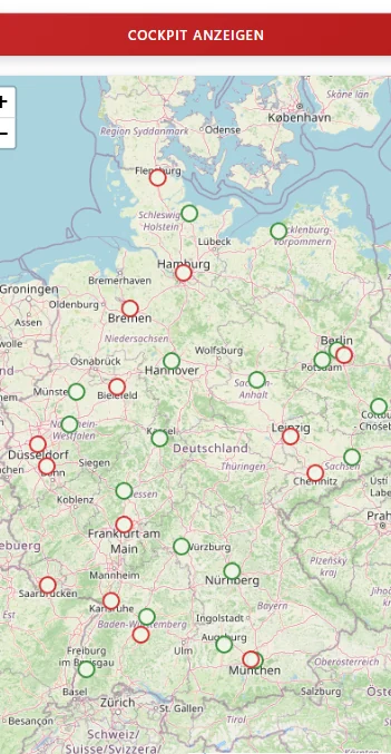 Cockpit-Karte mit Standort-Markierungen der Sportfeld-Projekte über Deutschland.