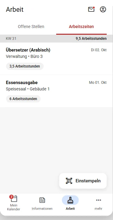 App-Ansicht der Bewohner-App: erfasste Arbeitszeiten je Kalenderwoche mit Tätigkeit und Stundenzahl sowie der Schaltfläche „Einstempeln“.