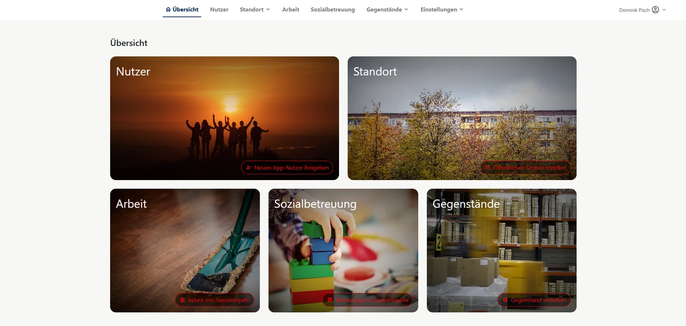 Personal-Dashboard der Verwaltungs-App: Kacheln für Nutzer, Standort, Arbeit, Sozialbetreuung und Gegenstände zur rollenbasierten Steuerung durch das Personal.